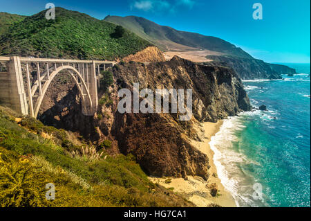 Bixby Creek Bridge on Pacific Coast Highway #1 at the US West Coast traveling south to Los Angeles, Big Sur Area, California Stock Photo