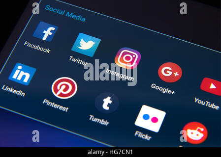 Krynica Poland - January 04, 2017 . Popular social media app isons on Android: Twitter, LinkedIn, Facebook and other on smart phone screen close up. Stock Photo