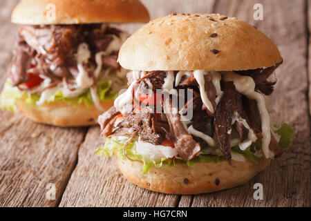 Pulled pork sandwich with vegetables and sauce close-up on the table. horizontal Stock Photo