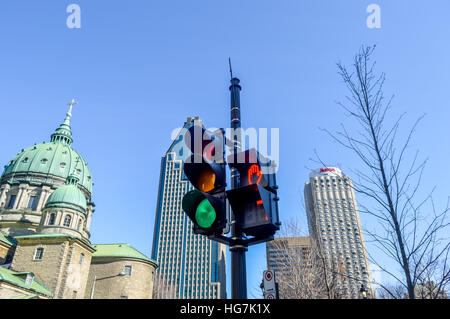 Montreal, Canada - March 27, 2016: Green color on the traffic light in Montreal downtown. Stock Photo