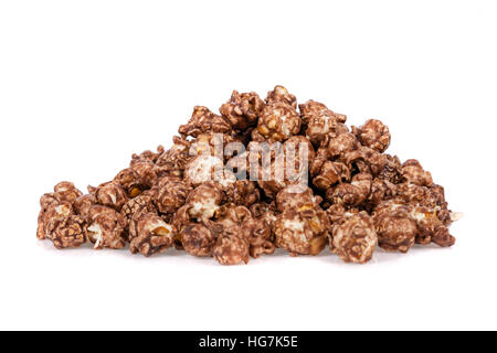 Popcorns flavored with sweet chocolate and mint piled up and isolated on white background Stock Photo