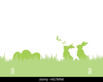 Happy Easter background. Silhouettes of Easter bunnies and eggs in grass with flying butterflies. Stock Vector