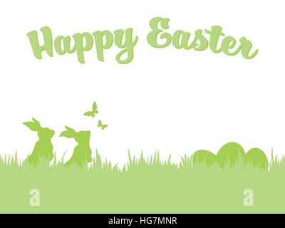 Happy Easter greeting card template. Silhouettes of Easter bunnies and eggs in grass with flying butterflies. Stock Vector