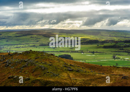 View from Flasby Fell in the Yorkshire Dales National Park near Skipton towards Elslack Moor Stock Photo