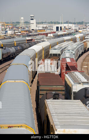 Freight cars in Union Pacific Wolf Road Railroad Yard, Chicago, Illinois, USA. Stock Photo