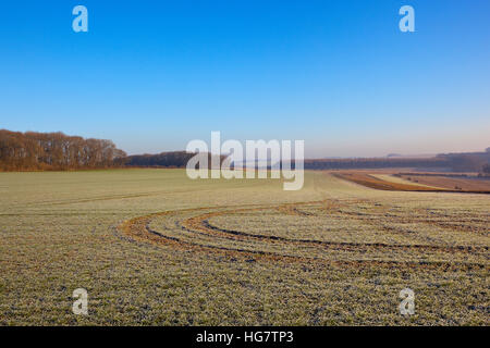 Patterns and textures of frozen fields and woodlands on the scenic Yorkshire wolds in winter. Stock Photo