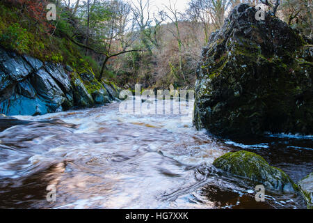 Looking downstream along Afon Conwy River flowing through Fairy Glen gorge in Snowdonia National Park Betys-y-Coed Conwy Wales UK Stock Photo