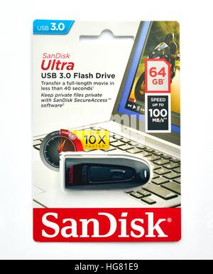 Sandisk ultra USB 3.0 flash drive 64gb capacity Stock Photo