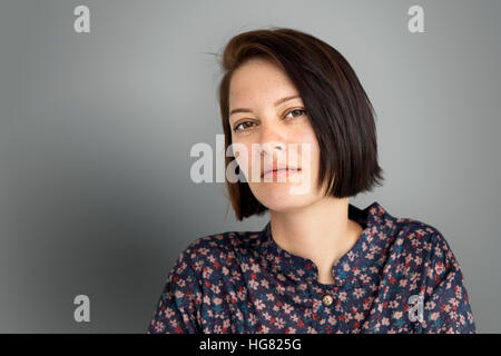 Woman Neutral Face Expression Daydreaming Concept Stock Photo