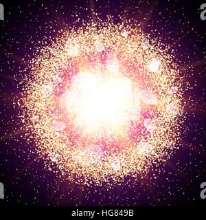 Abstract explosion with gold glittering elements. Burst of glowing star. Stock Vector
