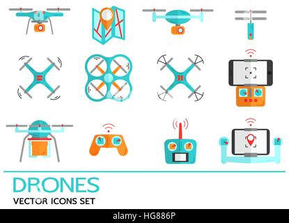 Flat vector icons set with drones. Collection of elements with quadrocopter, hexacopter, multicopter made in flat style. Stock Vector