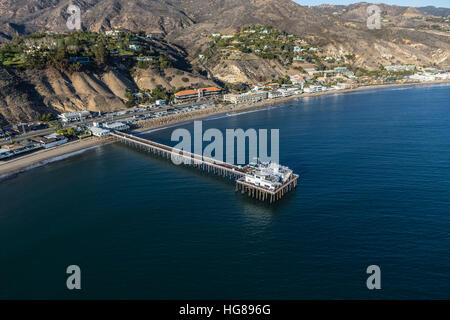 Aerial of Malibu Pier and the Pacific Ocean in Southern California.