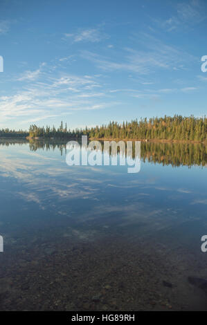 Dead calm lake in early morning with reflections of conifers and wispy cirrus clouds Stock Photo