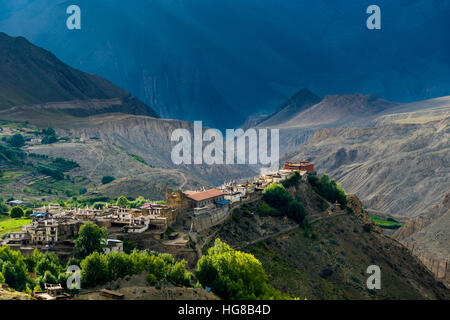 View into the barren landscape of the Upper Kali Gandaki valley, Jarkot Gompa on a hill, Jarkot, Mustang District, Nepal Stock Photo