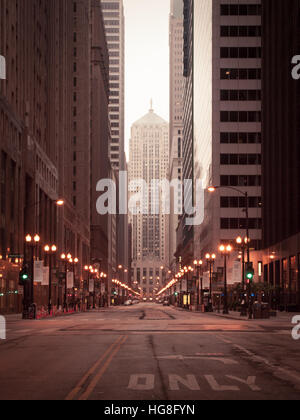 A view of the Chicago Board of Trade Building, at the end of the 'LaSalle Street Canyon' of skyscrapers.  Chicago, Illinois. Stock Photo