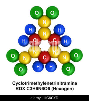 3d render of molecular structure of cyclotrimethylenetrinitramine (RDX, Hexogen) isolated over white background Stock Photo