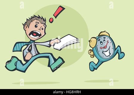 Worried business man chasing a clock. Running out of time to deliver his work. Stock Vector