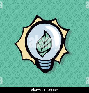 Beautiful lighbulb icon with a leaf in it. With a leaf pattern on the background. Stock Vector