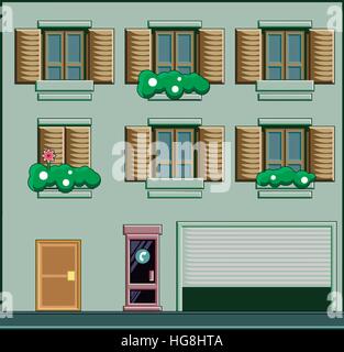 A building with windows and plants. And a telephone cab in the front. Vector flat illustration. Stock Vector