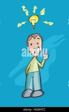 A happy man having a creative idea, with a surprised face and shy expression... A glowing lightbulb is over his head. Stock Vector