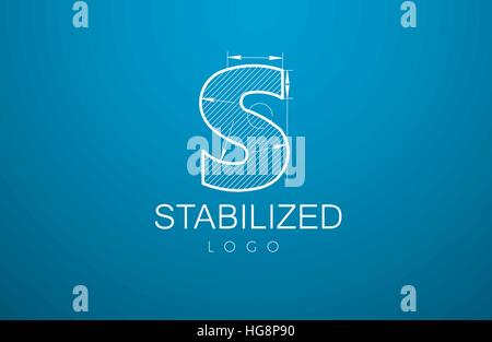 logo template letter S in the style of a technical drawing. sign design and the text "stabilized" with the dimension lines for the building firms, com Stock Vector