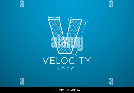 Template Logo letter V  in the style of a technical drawing. sign design and the text 'velocity' with dimension lines. Vector illustration Stock Vector