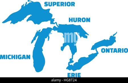 Great Lakes silhouettes with names Stock Vector