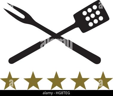 Crossed BBQ fork and spatula with five stars Stock Vector
