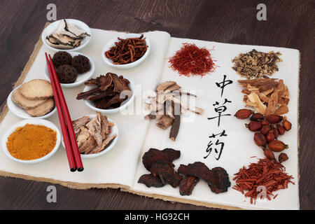 Chinese herb selection used in herbal medicine with chopsticks on a hemp notebook with calligraphy script on rice paper translated as chinese herbs. Stock Photo