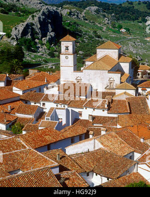Red pantile roofs of Grazalema white village (Pueblos Blanco), Cadiz Province, Andalusia, Spain. Stock Photo