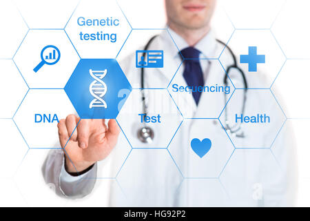 Genetic testing concept with DNA icon and words on a screen and a medical doctor touching a button, isolated on white background Stock Photo