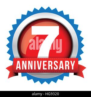 Seven years anniversary badge with red ribbon Stock Vector