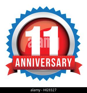 Eleven years anniversary badge with red ribbon Stock Vector