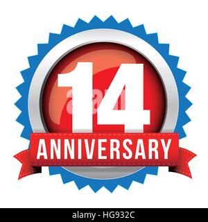 Fourteen years anniversary badge with red ribbon Stock Vector