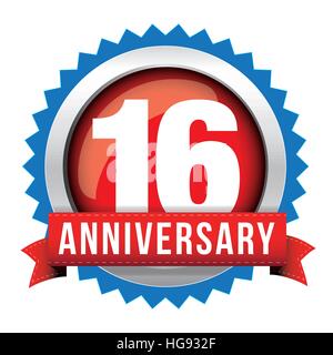 Sixteen years anniversary badge with red ribbon Stock Vector