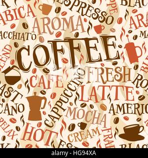 Vector seamless tile of coffee words and symbols Stock Vector