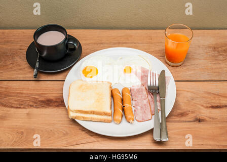American Breakfast Set on Wood Table Stock Photo