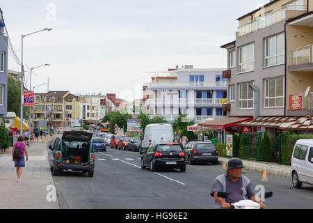 Nessebar, Bulgaria - JUNE 19, 2016: street New Nessebar emerging architecture and leisure travelers and locals people. Stock Photo