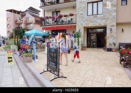 Nessebar, Bulgaria - JUNE 19, 2016: street New Nessebar emerging architecture and leisure travelers and locals people. Stock Photo