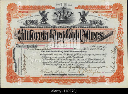 1903 The California King Gold Mines Company Stock Certificate - USA Stock Photo