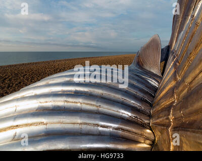 A detail of 'The Scallop' stainless steel sculpture by Maggi Hambling on the shingle beach at Aldeburgh Suffolk England