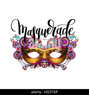 masquerade lettering logo design with mask and hand written word Stock Vector