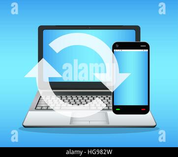 laptop connecting a smartphone to syncing transfer data Stock Vector