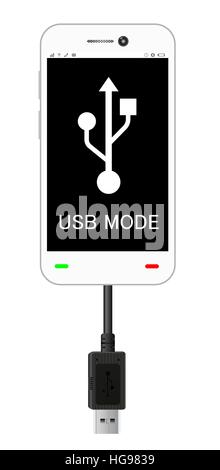smartphone in a USB connection mode with usb cable Stock Vector