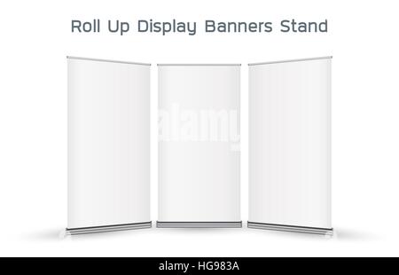 real 3d roll up display banners stand Stock Vector