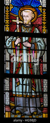 Stained Glass window depicting Saint Francis Xavier, a famous jesuit missionary, in the Cathedral of Saint Bavo in Ghent, Flanders, Belgium. Stock Photo