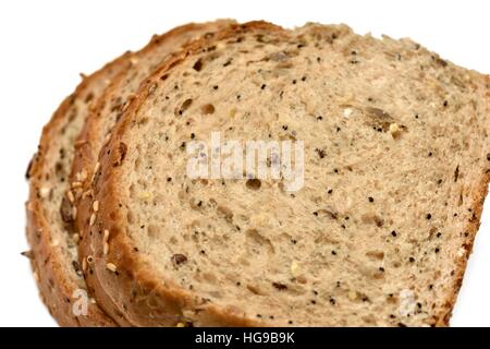 Slices of Warburtons Seeded Batch loaf five seed combination of linseed, millet, poppy, sunflower, and sesame. Stock Photo