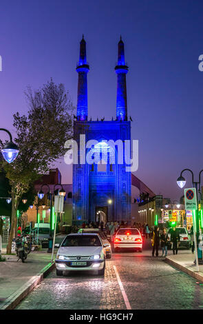 Front facade of 800-year old grand, congregational Jameh Mosque of Yazd city in Iran. View from Masjid Jame Street. Stock Photo