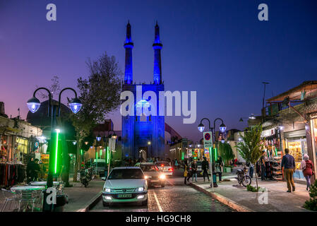 Front facade of 800-year old grand, congregational Jameh Mosque of Yazd city in Iran. View from Masjid Jame Street. Stock Photo