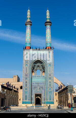 Front facade of 800-year old grand, congregational Jameh Mosque of Yazd city in Iran Stock Photo